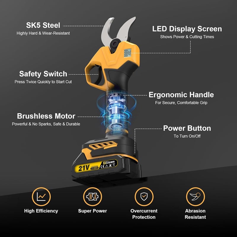 highsam Electric Pruning Shears for Gardening, Battery Pruning Shears Max 2.4” Opening Diameter, Electric Pruner with LCD Display & 2 x 2000mAh Batteries for Branch, Fruit Plucking and Tree Trimming - Image 2